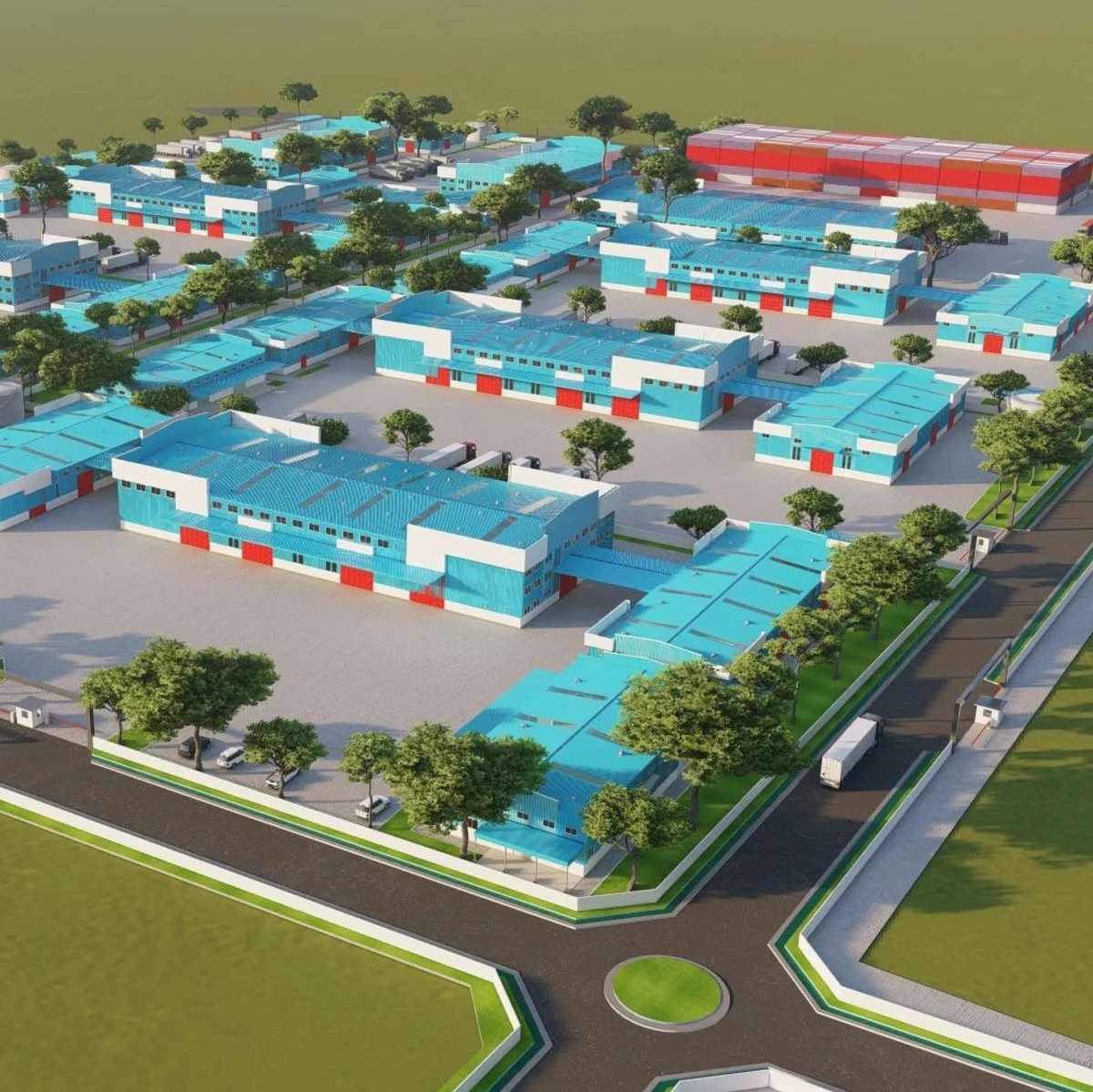 Wide elevated render of the master-planned park